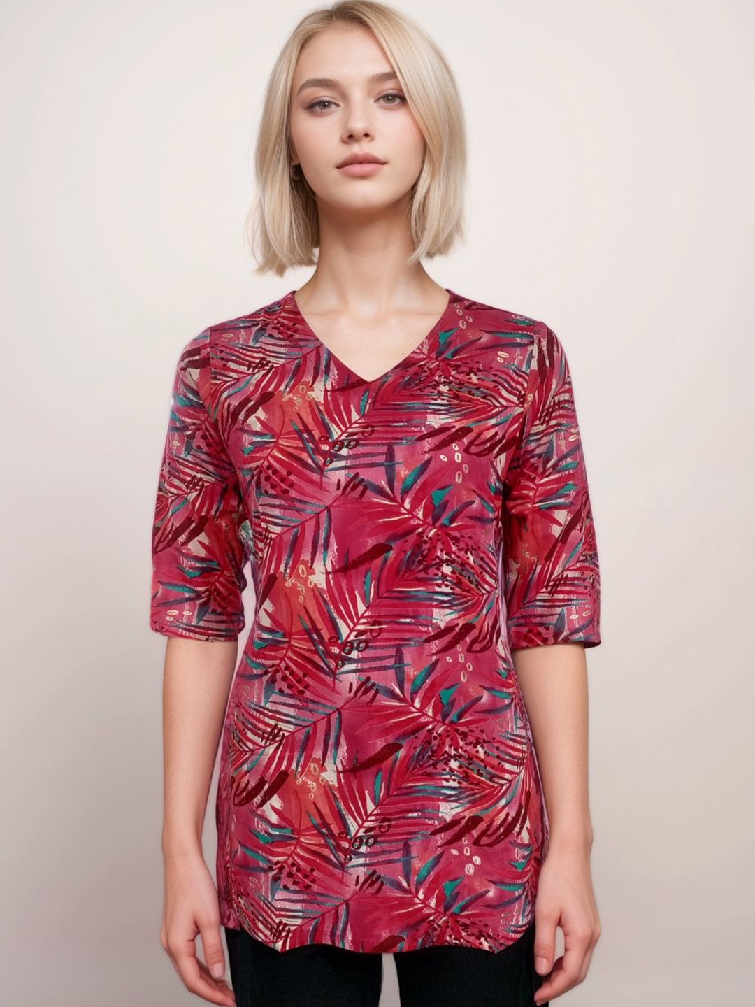 

FIMS Women Floral Printed V-Neck Kurti, Red