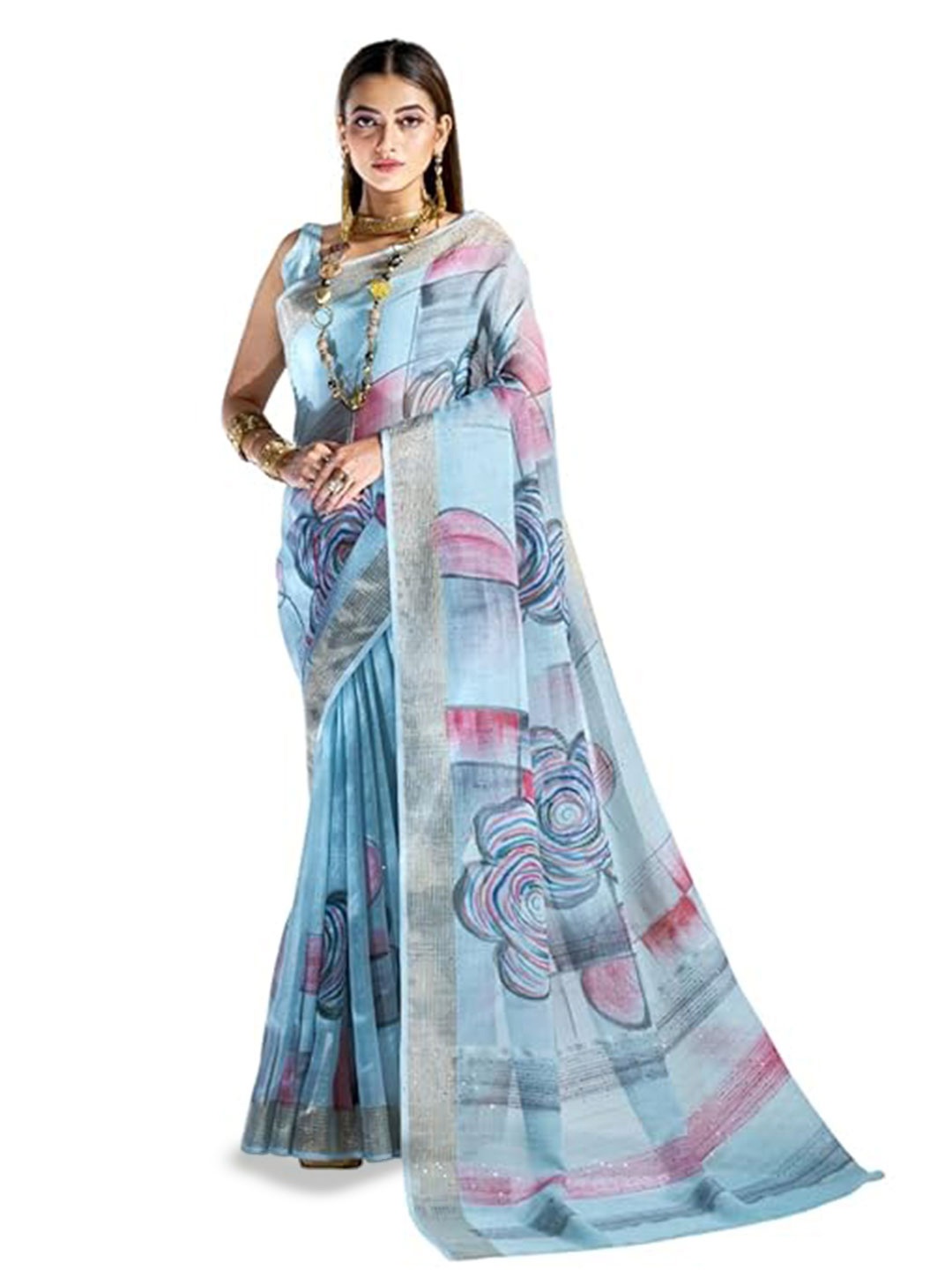 

BW X BUTTERFLY Floral Printed Pure Cotton Saree With Blouse, Blue