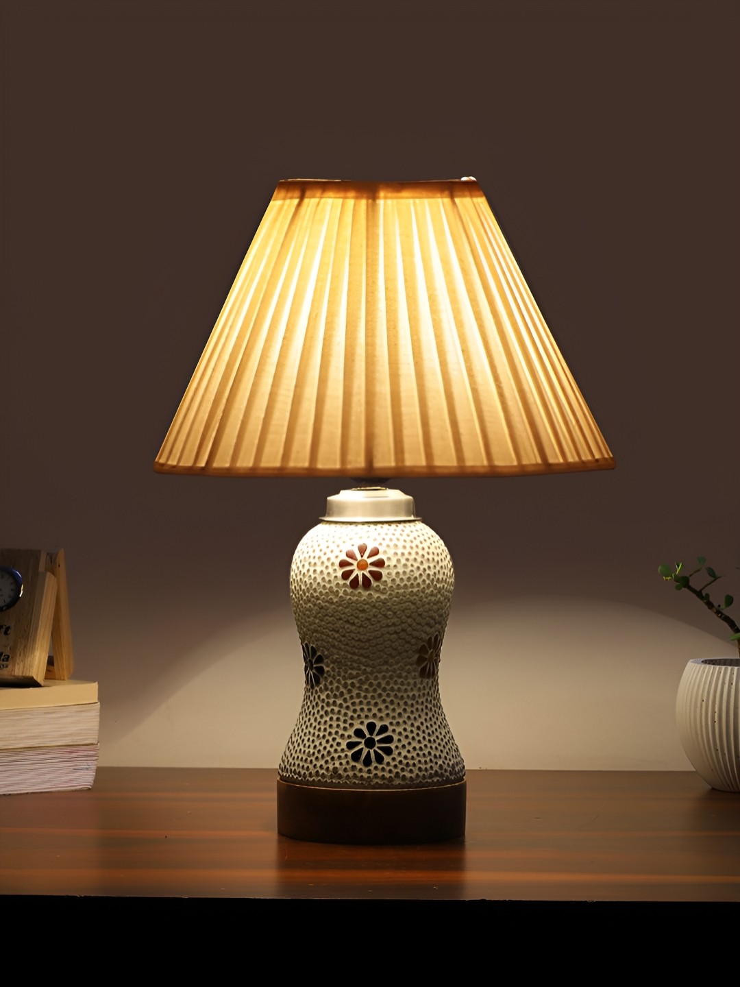 

Devansh Off White Printed Wooden Frustum Shaped Table Lamp With Mosaic Glass Base