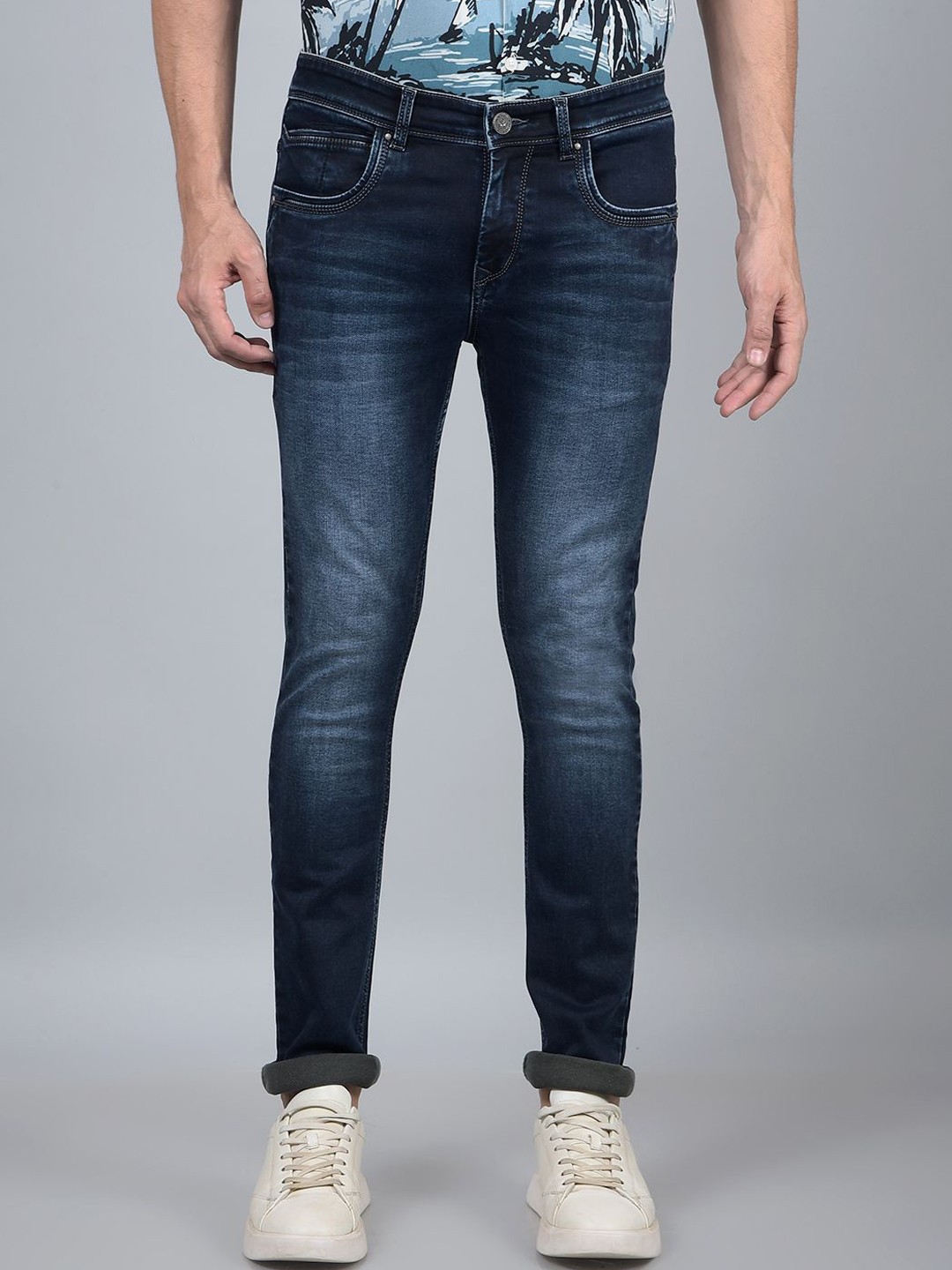 

Crimsoune Club Men Mid-Rise Heavy Fade Slim Fit Stretchable Jeans, Blue