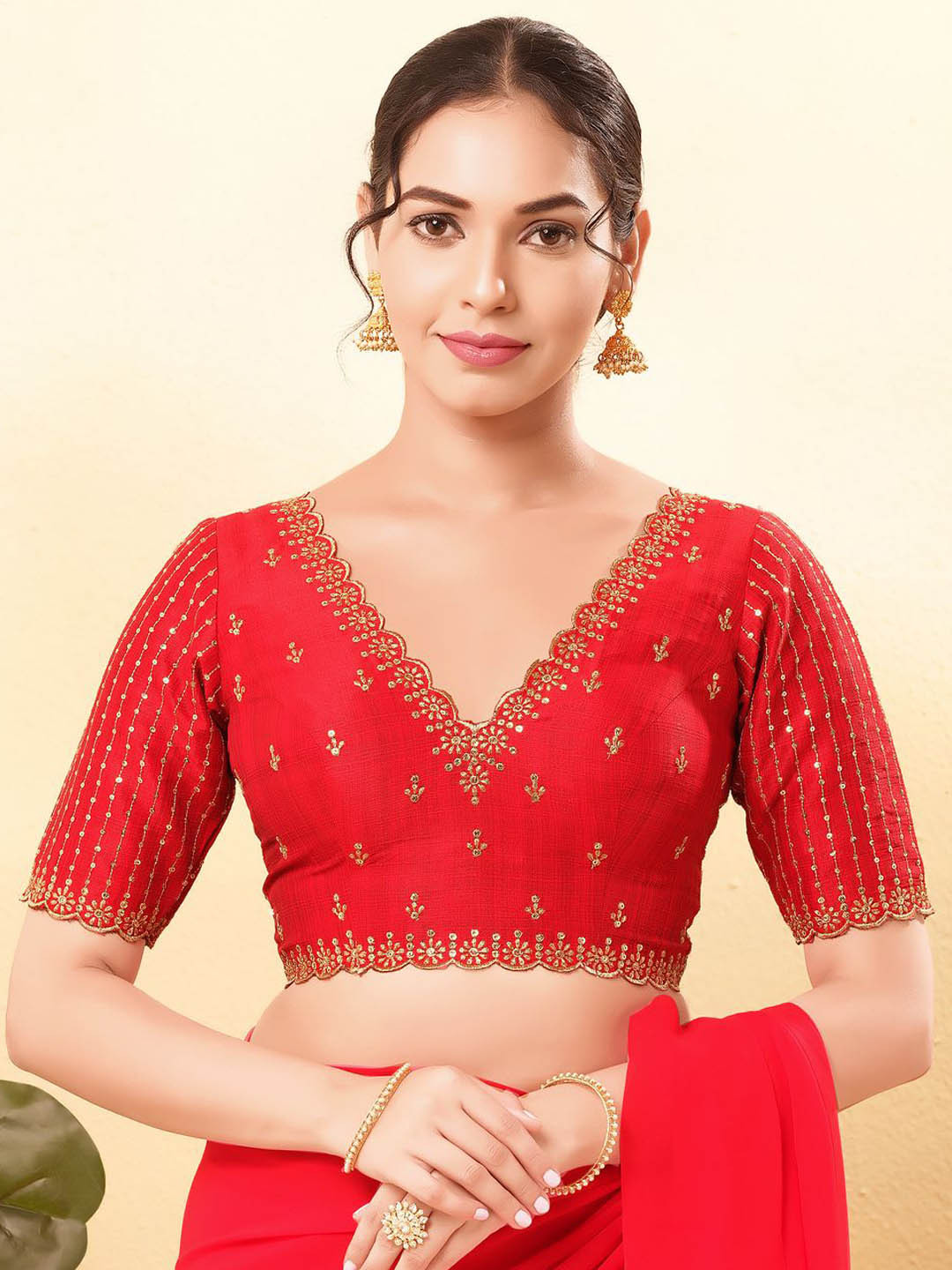 

VAMAS - THE DESIGNER BLOUSES Women V-Neck Padded Saree Blouse, Red