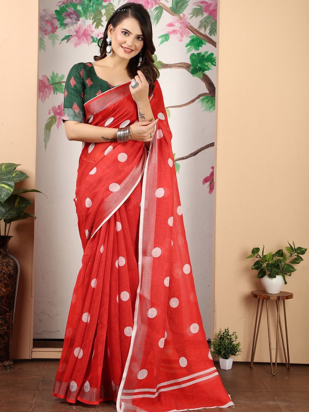 

ORUS Polka Dot Pure Cotton Saree, Red