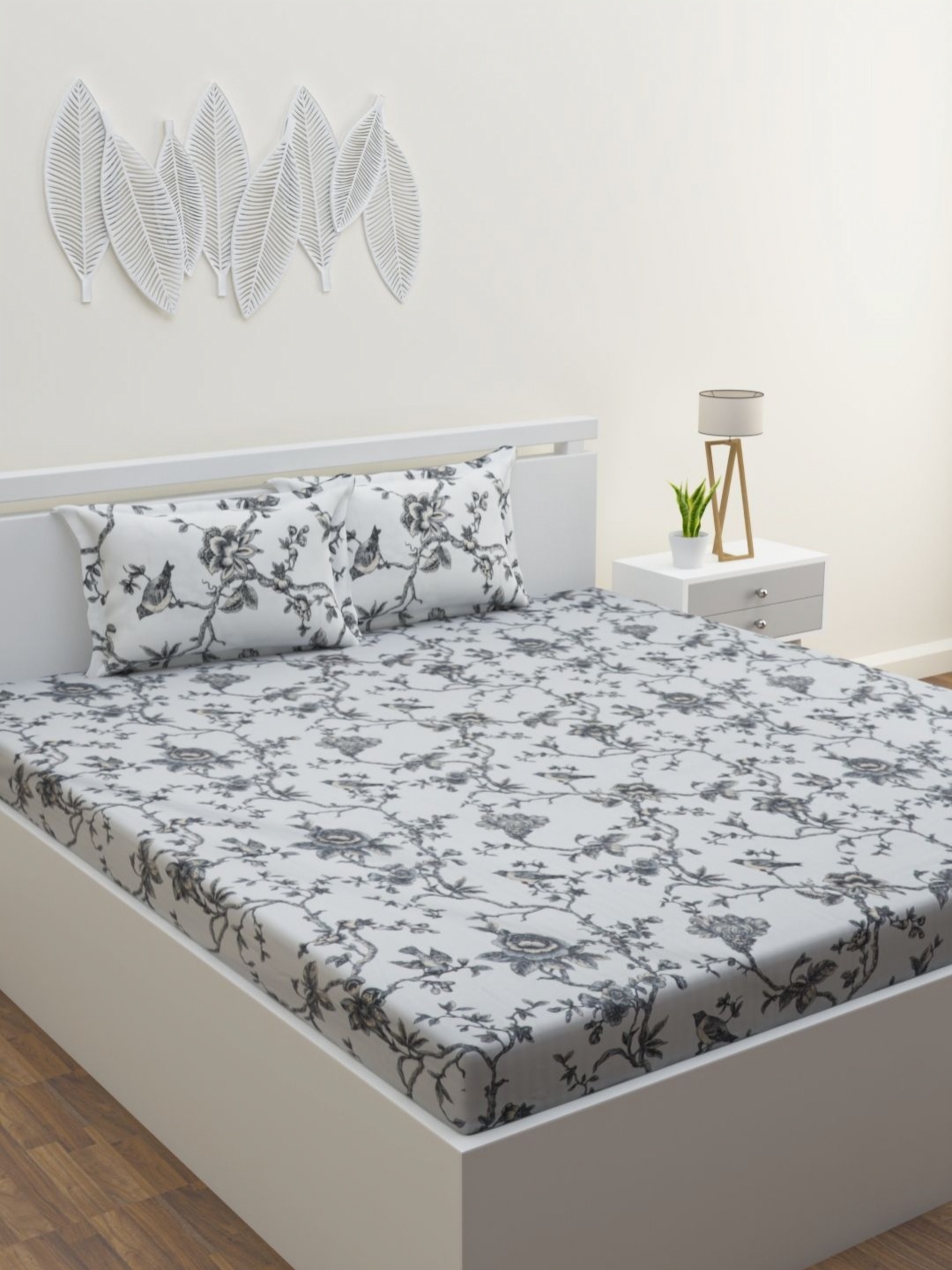 

HOME AFFAIRS Grey & White Floral Printed 210 TC Single Bedsheet Set 1.5 m x 2.2 m