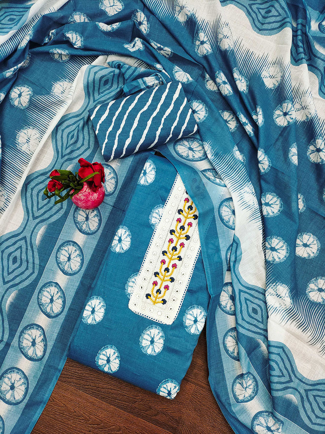 

SHADOW & SAINING Floral Printed Mirror Work Unstitched Dress Material, Blue