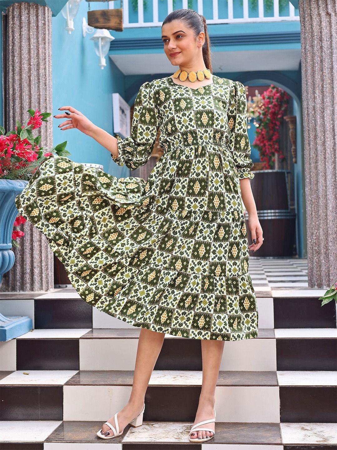 

BAESD Women Geometric Printed Ruffled Fit & Flare Dress, Green