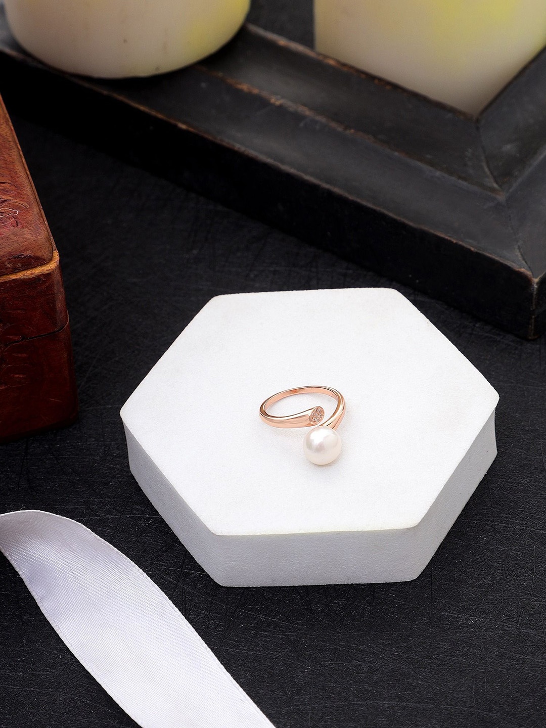 

DIAVO 925 Sterling Silver Rose Gold-Plated Pearl Beaded Adjustable Finger Ring