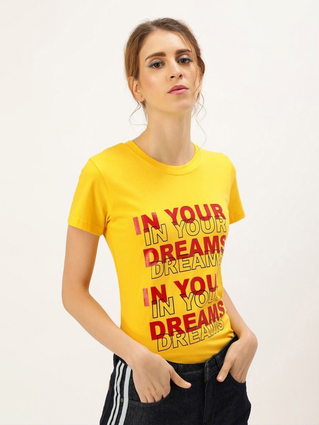 

Moda Rapido Women Typography Printed Round Neck Cotton T-shirt, Yellow