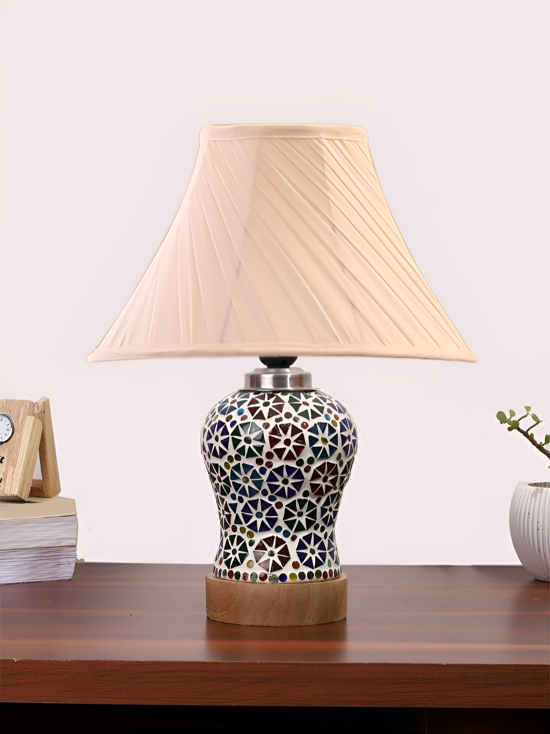 

Devansh Off White & Blue Printed Frustum Shaped Wooden Table Lamp