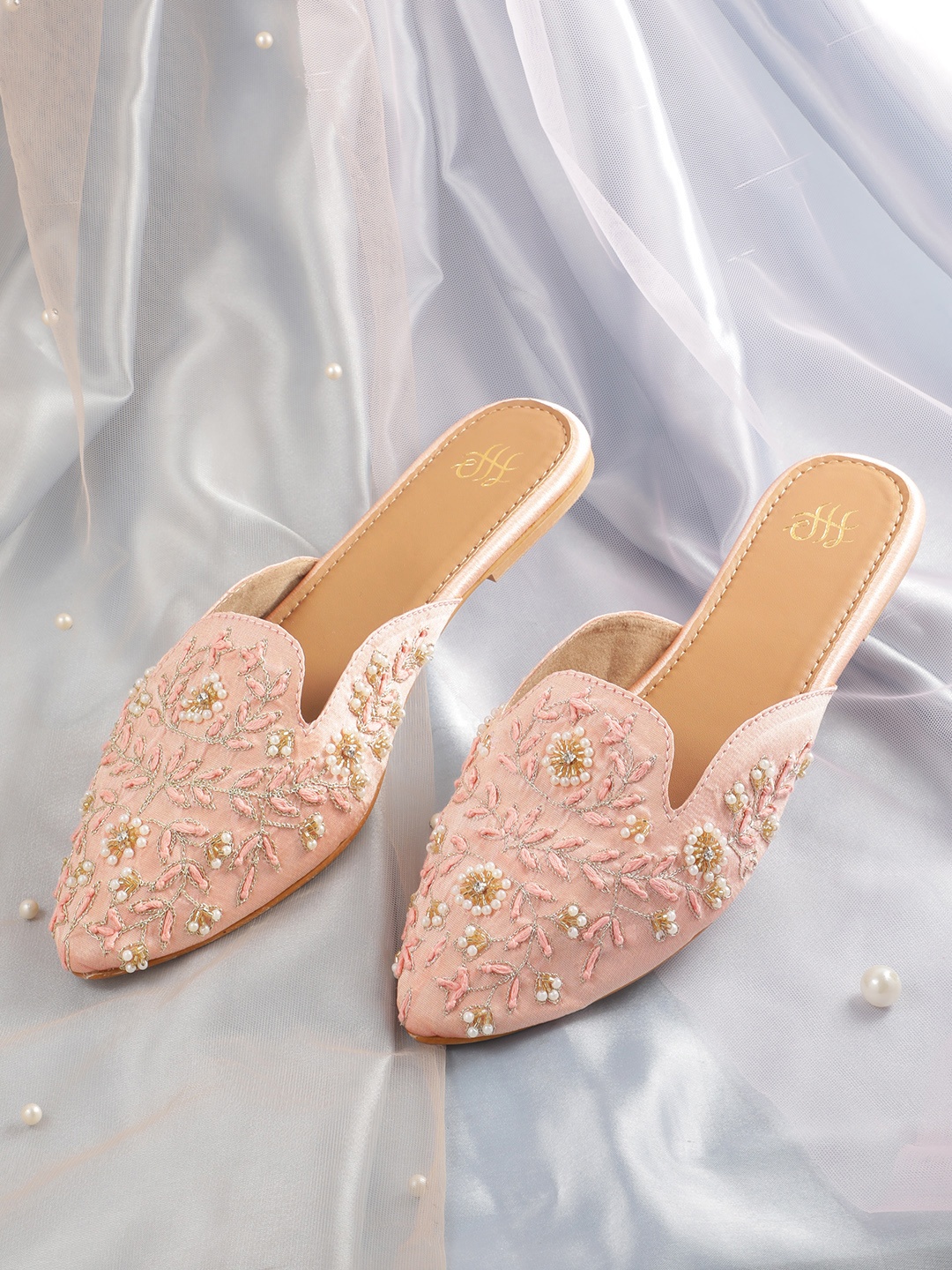 

House of Pataudi Floral Embroidered Mules, Beige