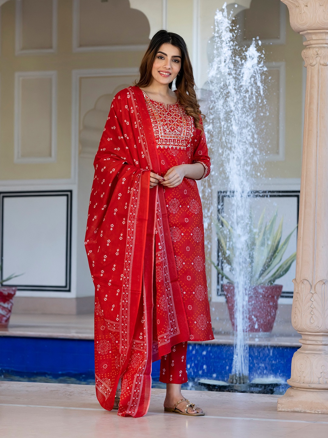 

KALINI Bandhani Printed Notch Neck Pure Cotton Straight Kurta With Trousers & Dupatta, Red