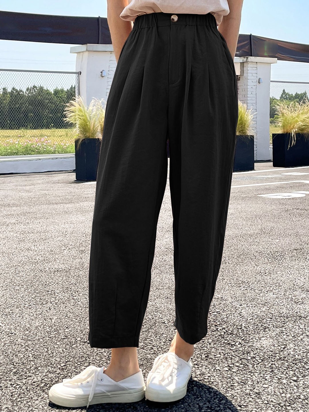 

AAHWAN Women Loose Fit High-Rise Pleated Korean Pants Trousers, Black