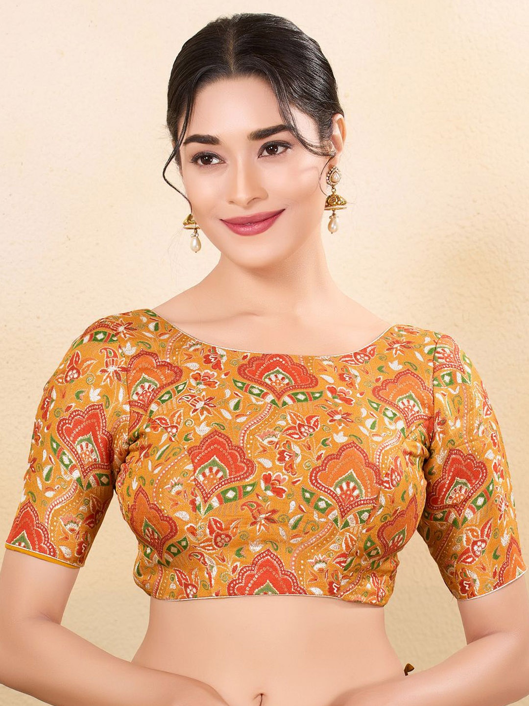 

VAMAS - THE DESIGNER BLOUSES Women Round Neck Padded Saree Blouse, Mustard