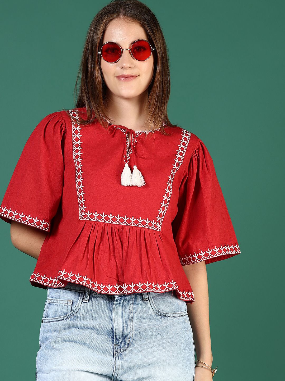

V-Mart Embroidered Cotton A-Line Top, Red