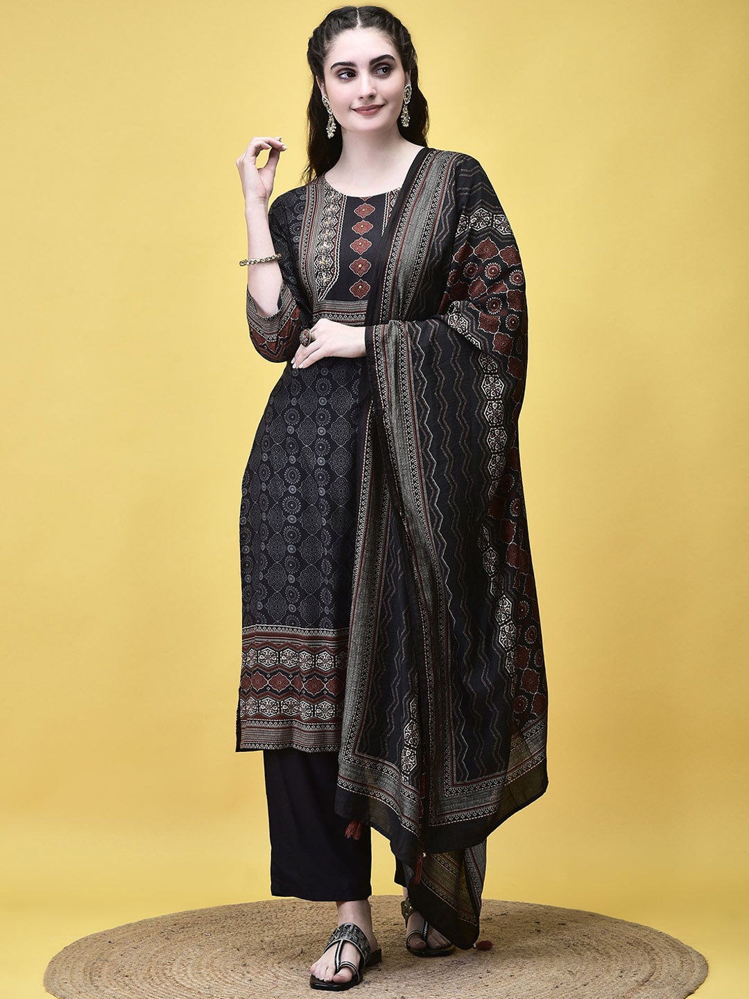 

Shree Floral Ajrakh Printed Liva Straight Kurta With Trouser And Dupatta, Charcoal