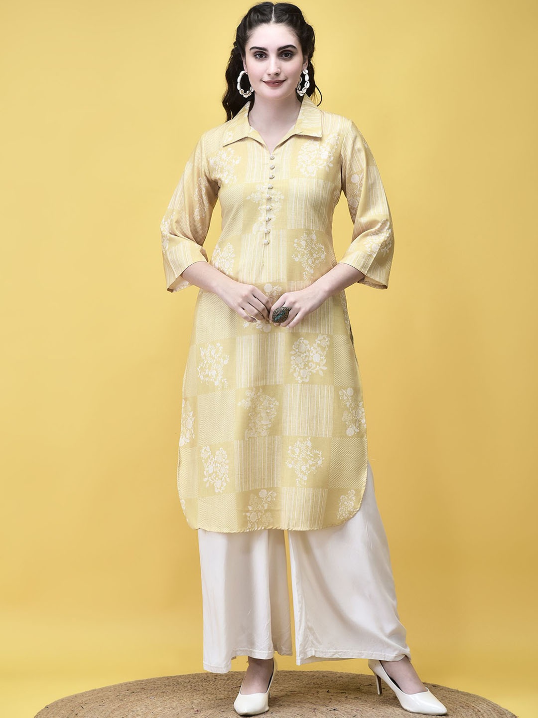 

Shree Floral Printed Shirt Collar Straight Linen Kurta, Yellow
