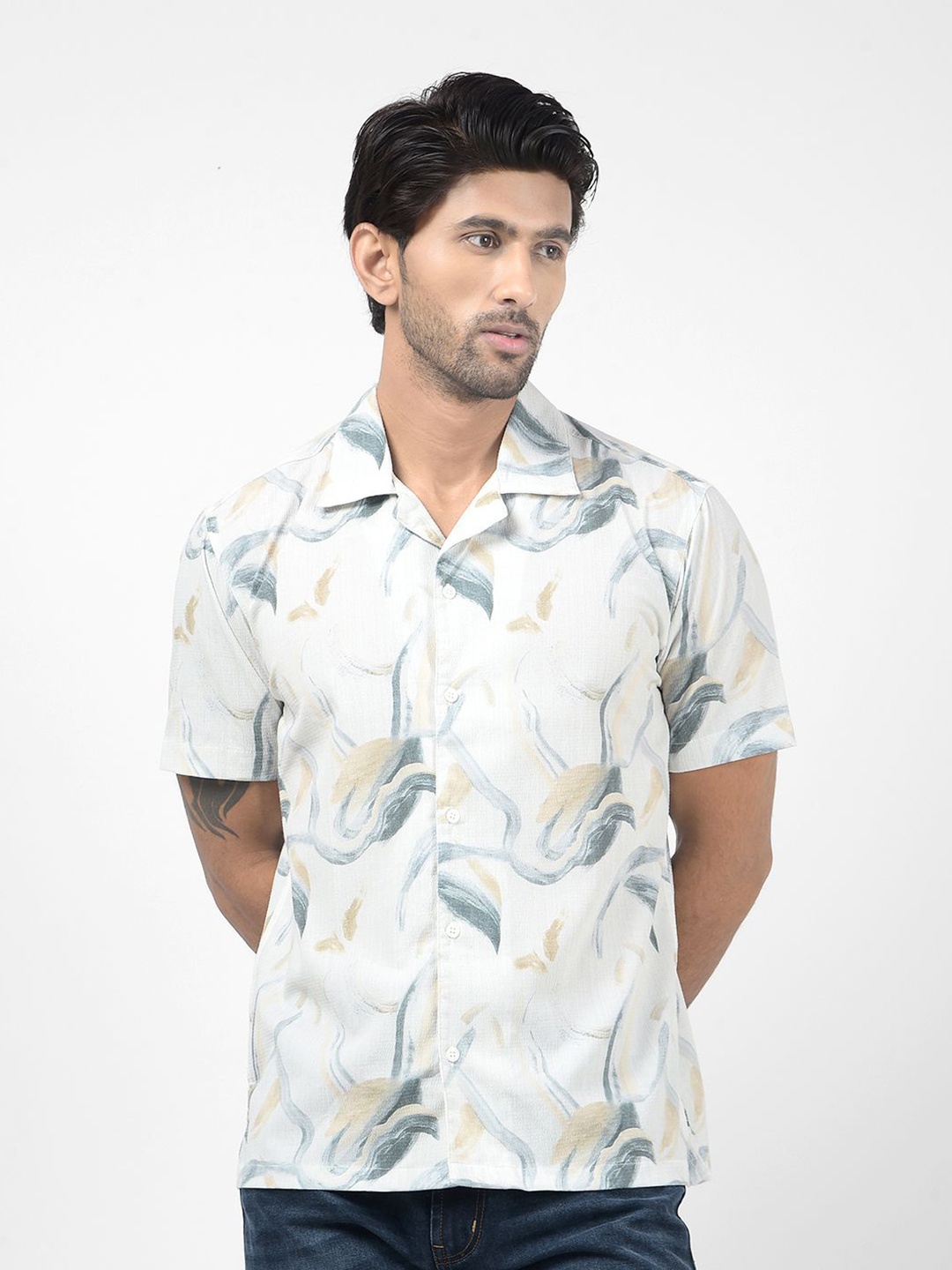 

Numero Uno Relaxed Fit Abstract Printed Cuban Collar Cotton Casual Shirt, Cream