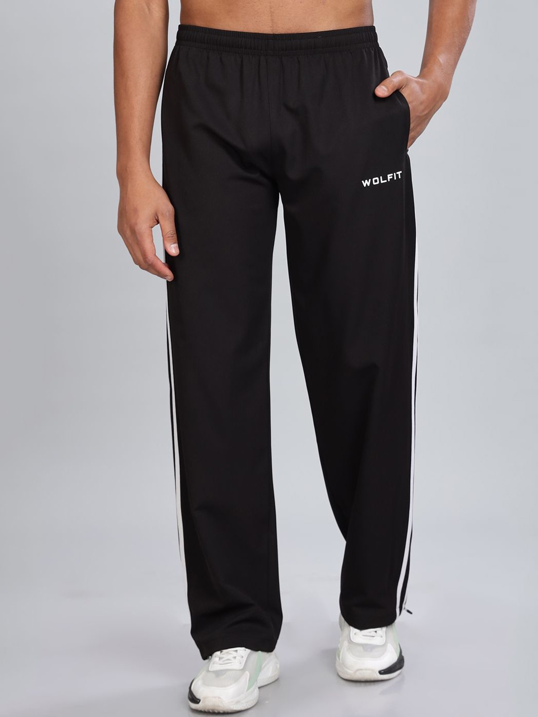 

WOLFIT ATHLEISURE Men Striped Bootcut Dry Fit Track Pants, Black