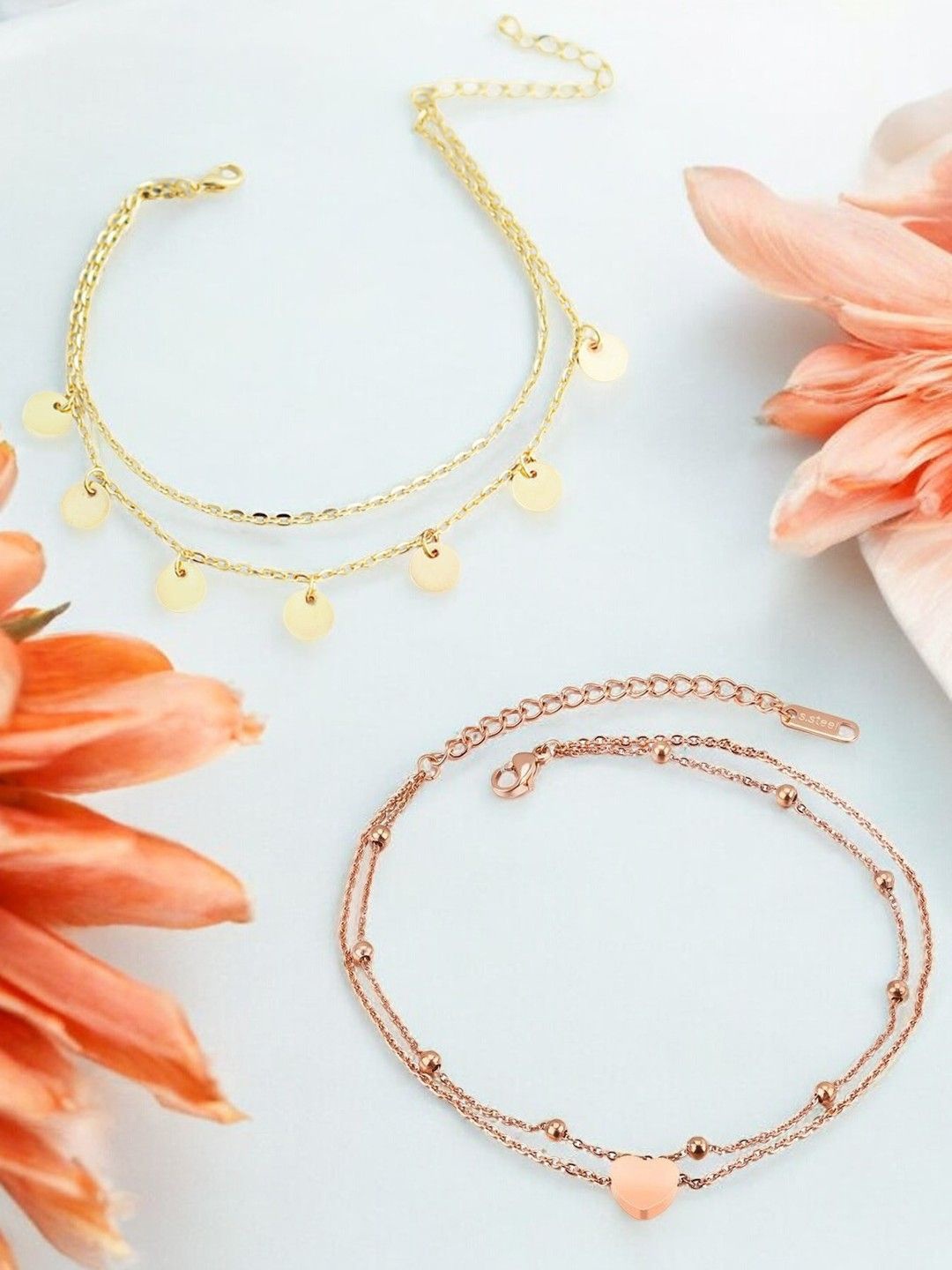 

DressBerry Set of 2 Gold-Plated Multi Layer Heart Shaped Anklets