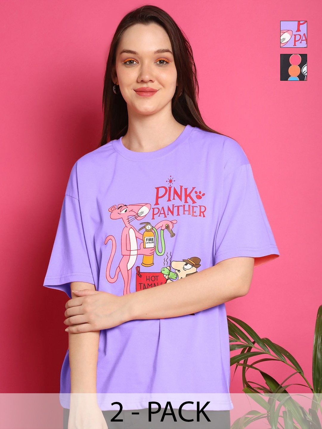 

Tromko Women Pack of 2 Pink Panther Graphic Printed Round Neck Cotton Oversized T-shirts, Lavender