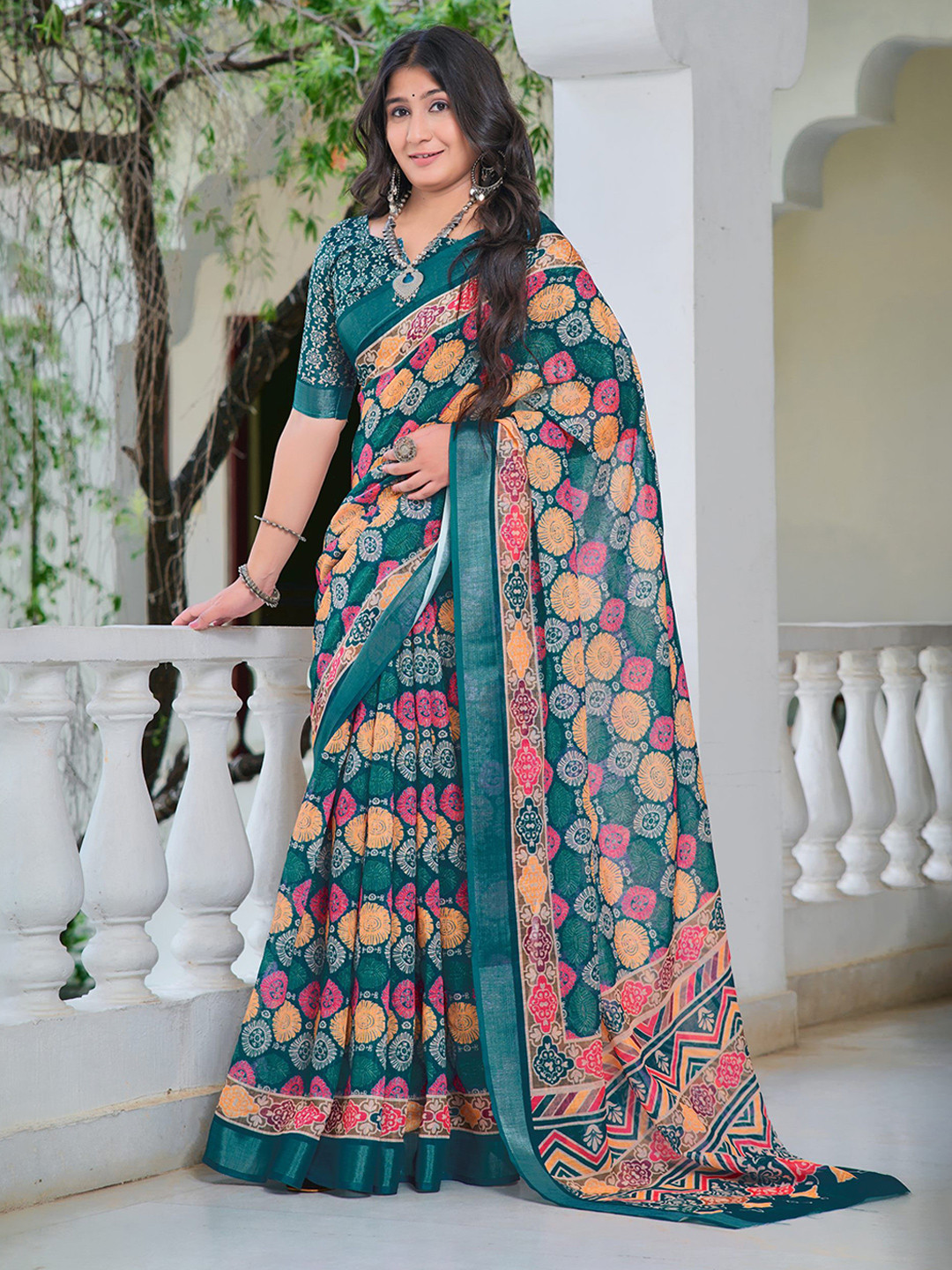 

Kalista Floral Zari Pure Cotton Saree, Blue