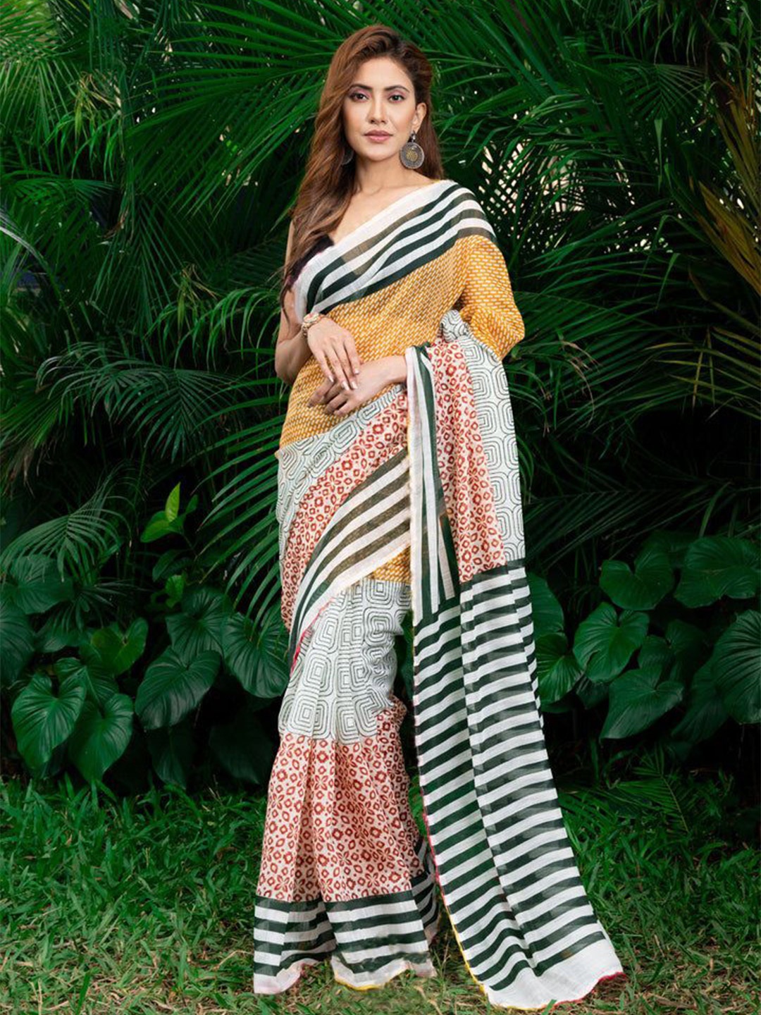 

ORUS Printed Pure Cotton Saree, White
