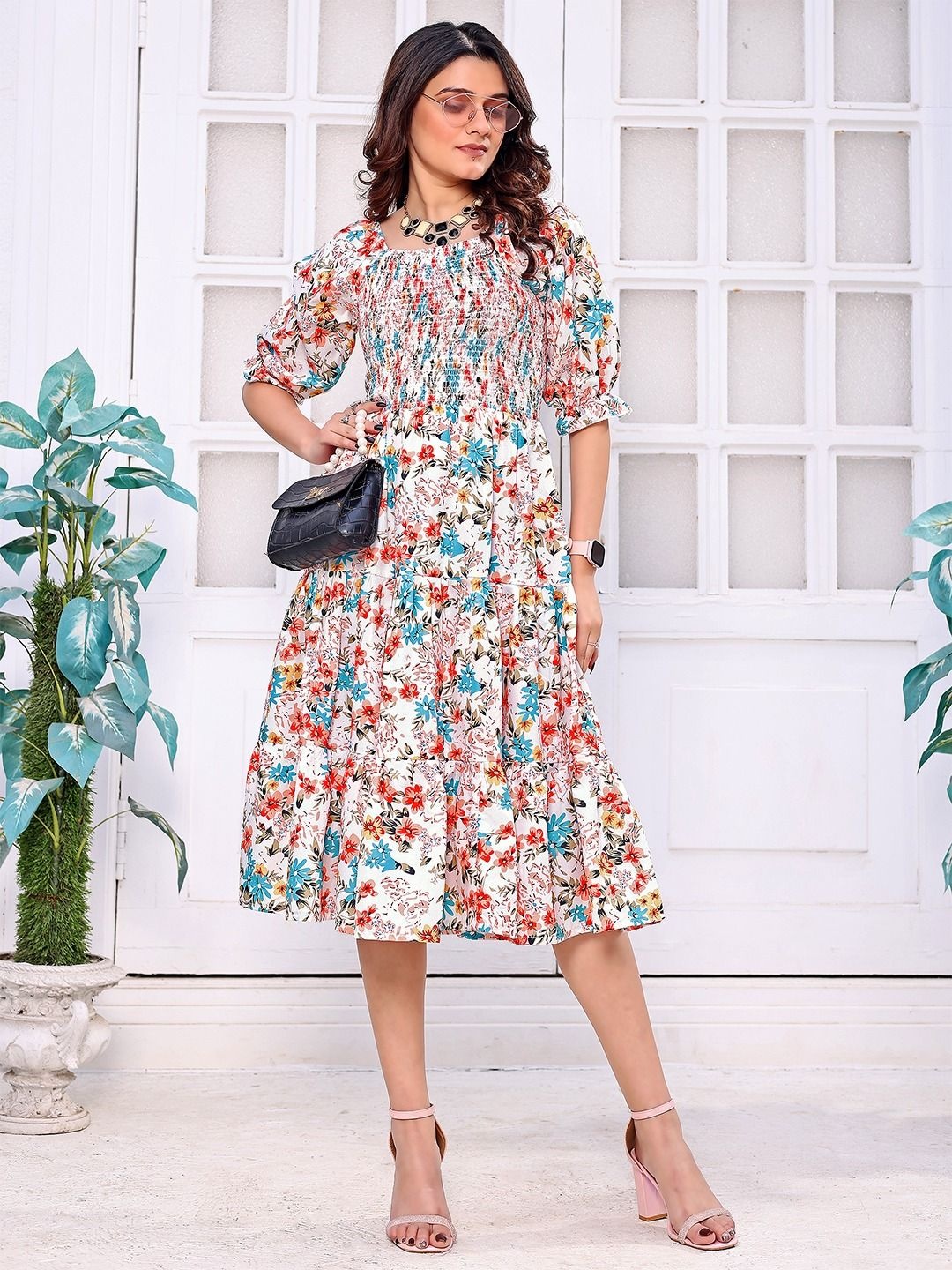 

BAESD Women Floral Printed Fit & Flare Knee Length Dress, White