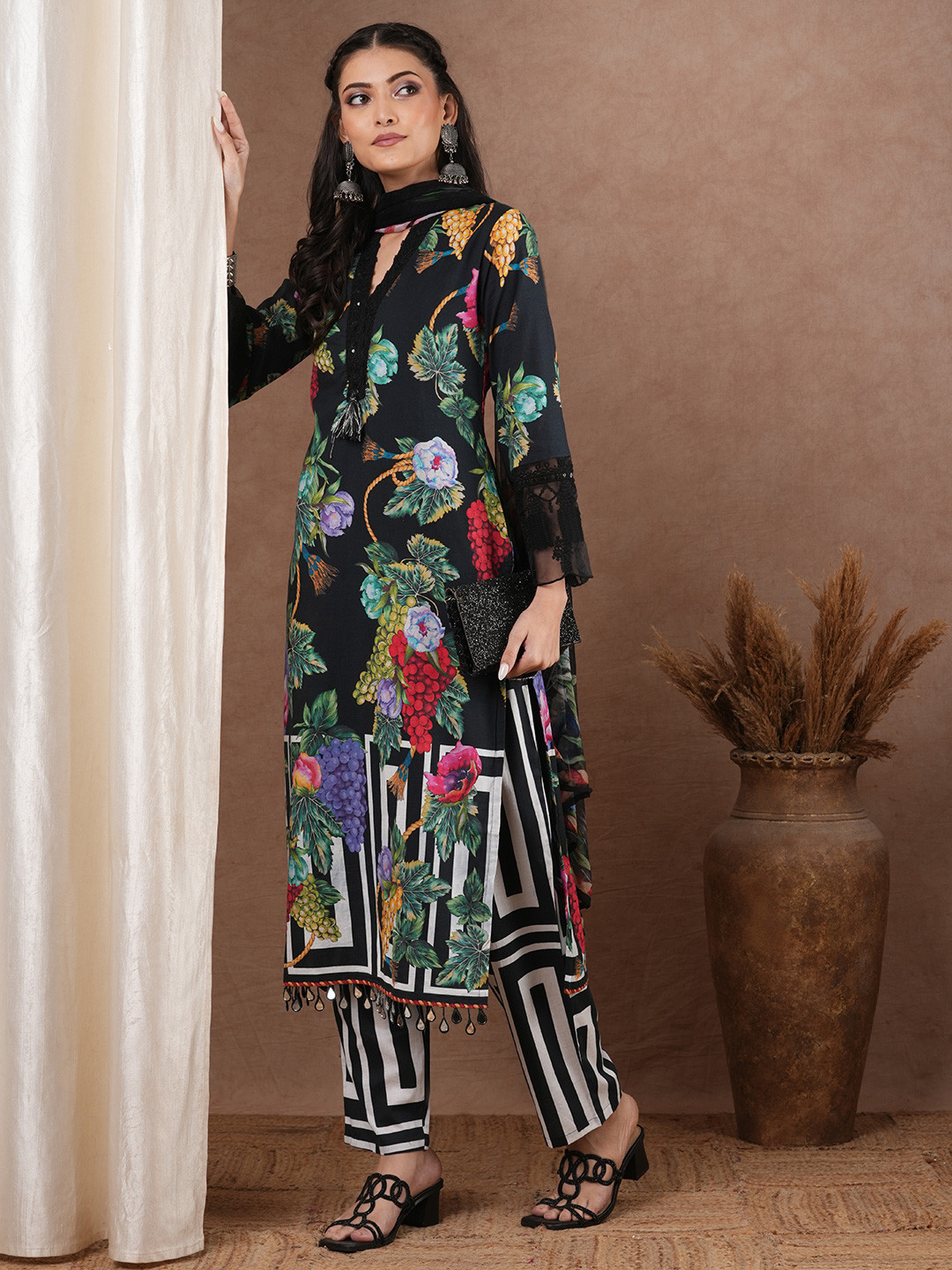 

FASHOR Floral Printed Sequinned Pure Cotton Kurta With Trousers & Dupatta, Black