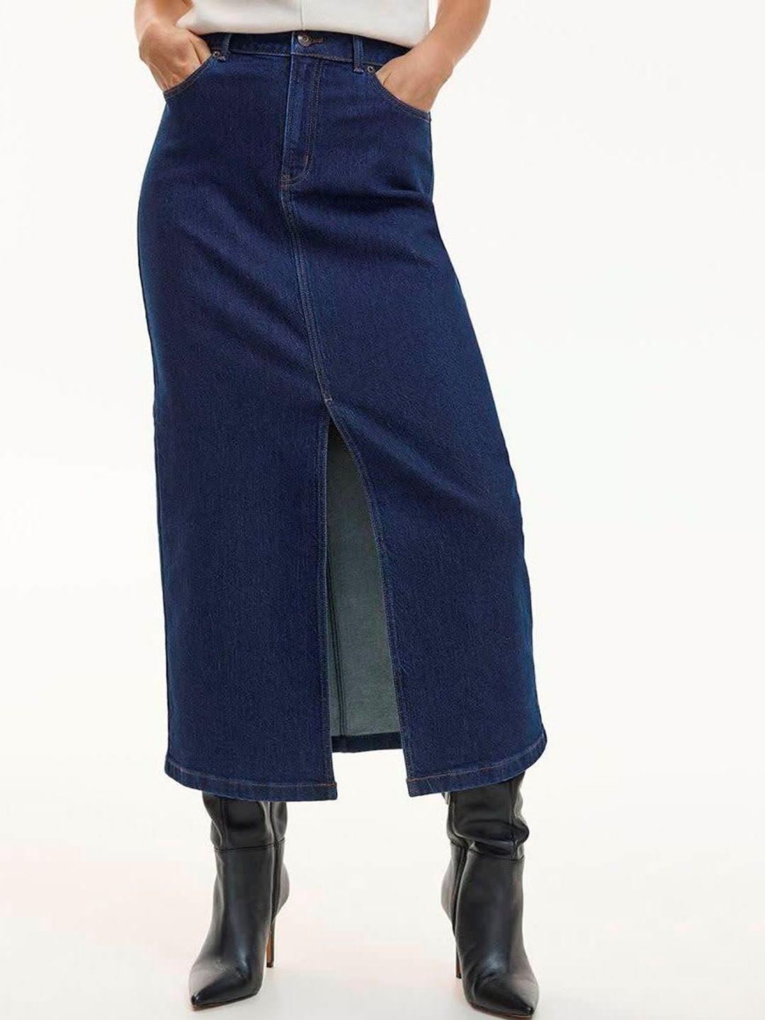 

Tripursundari Fashion Women Front Slit Straight Maxi Skirt, Navy blue