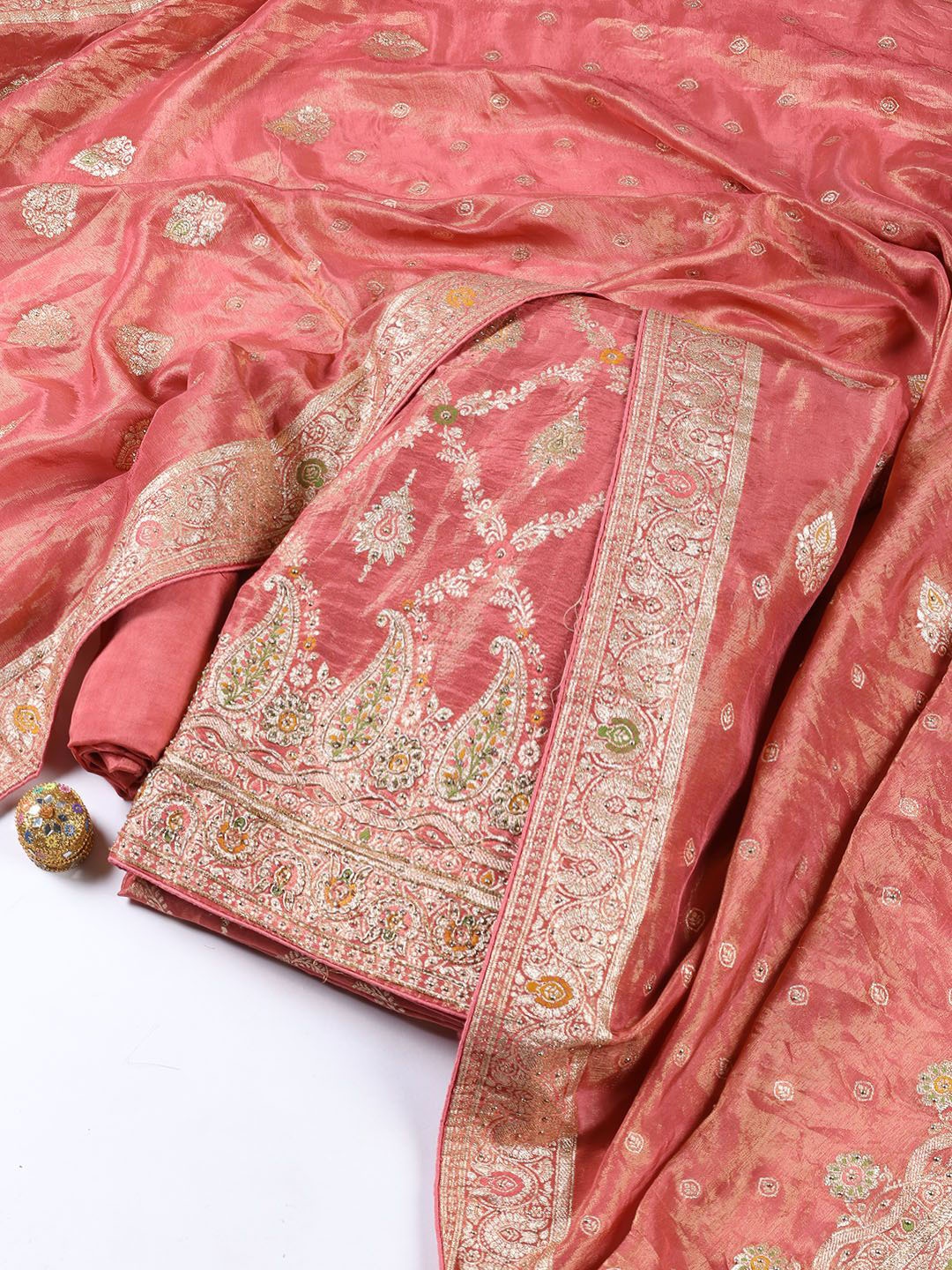 

Meena Bazaar Paisley Embroidered Stone Work Unstitched Dress Material, Pink