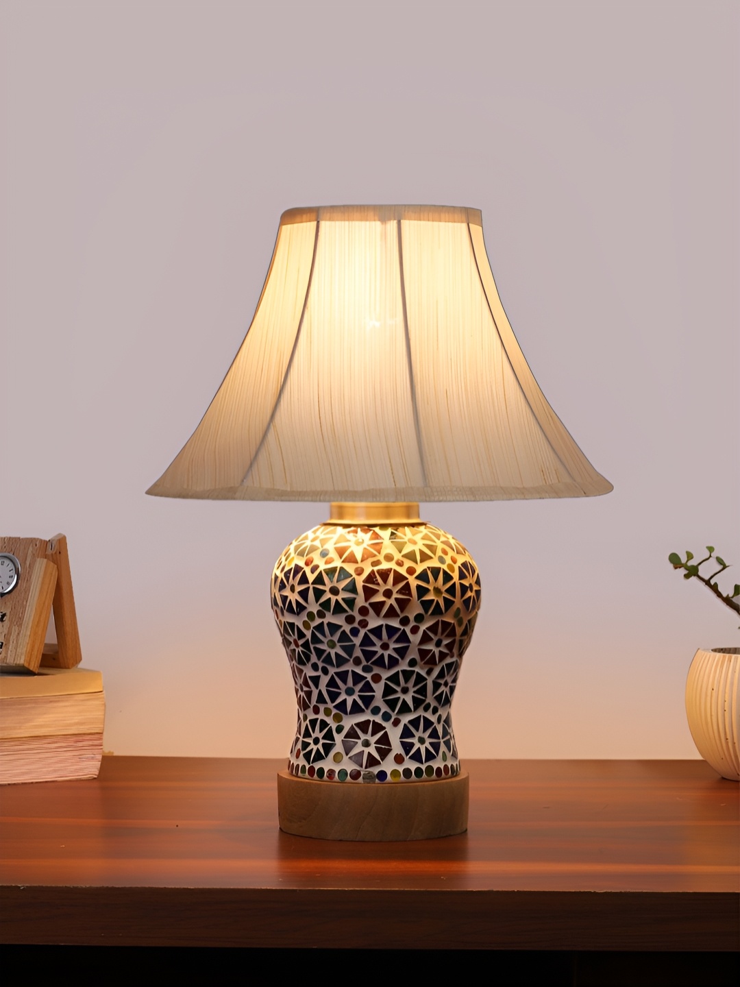 

Devansh Off White & Blue Floral Printed Frustum Shaped Wooden Table Lamp