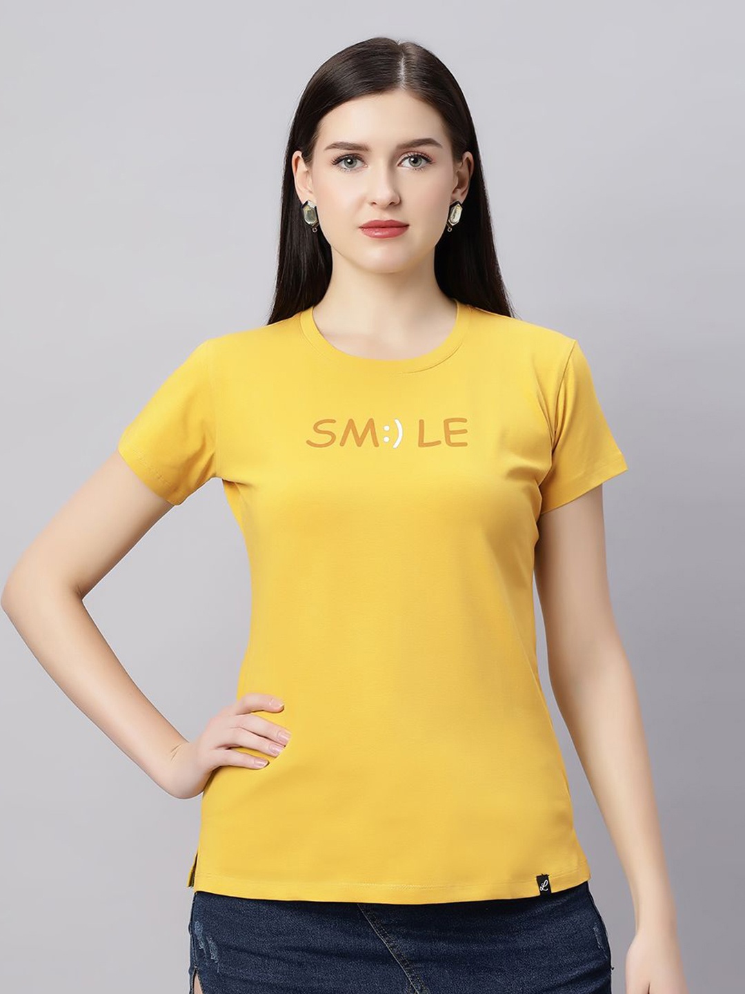 

QUIRA Typography Printed Regular Fit Cotton T-shirt, Yellow