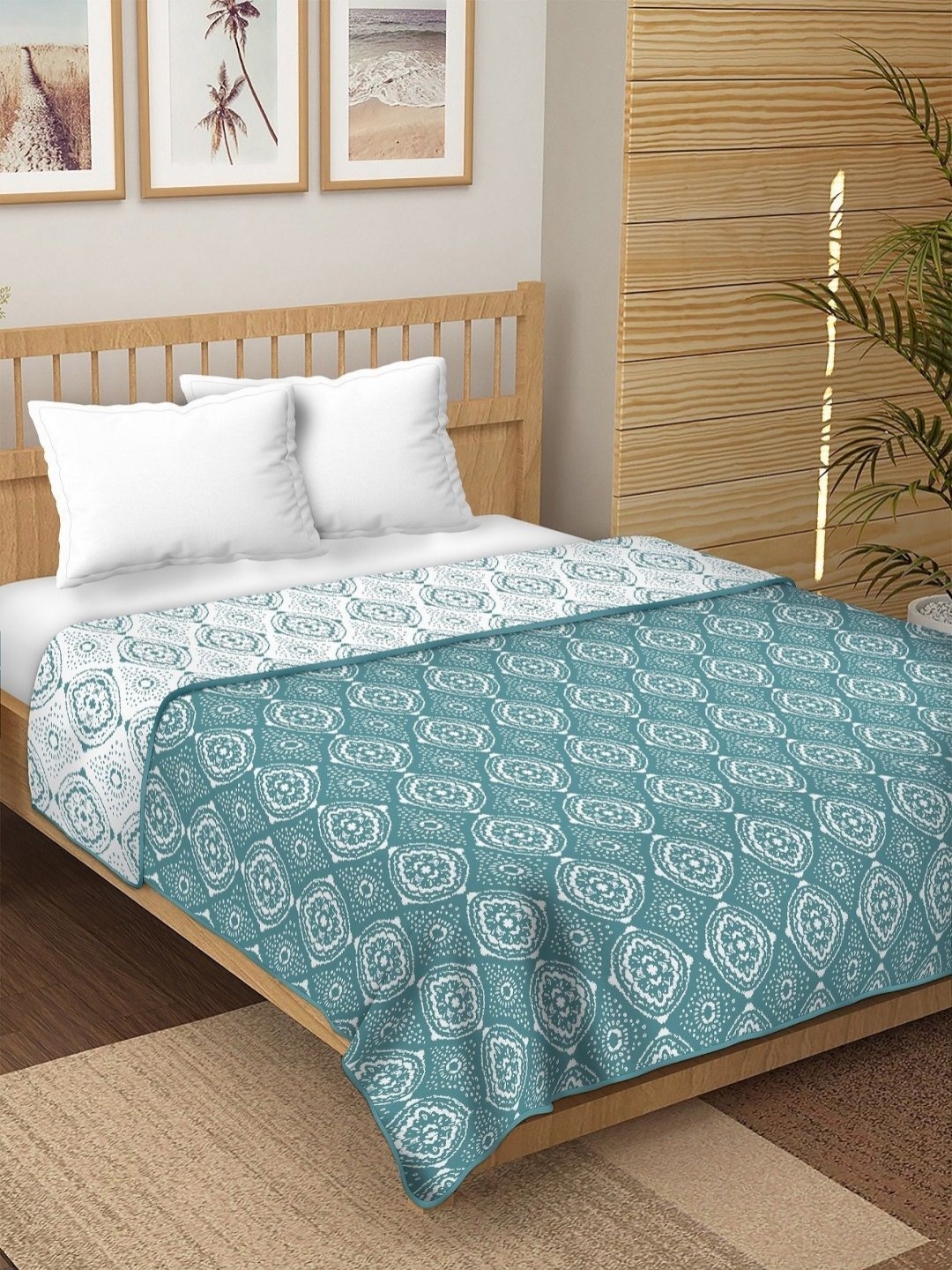 

tundwal's Green & White Floral Cotton AC Room 210 GSM Single Bed Dohar, Blue