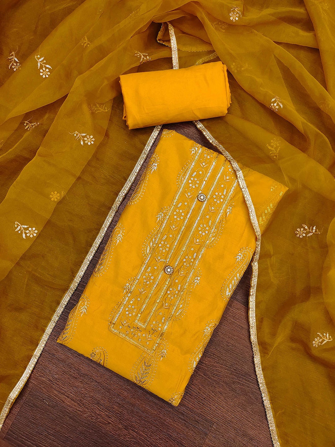 

SHADOW & SAINING Paisley Embroidered Sequinned Pure Cotton Unstitched Dress Material, Yellow