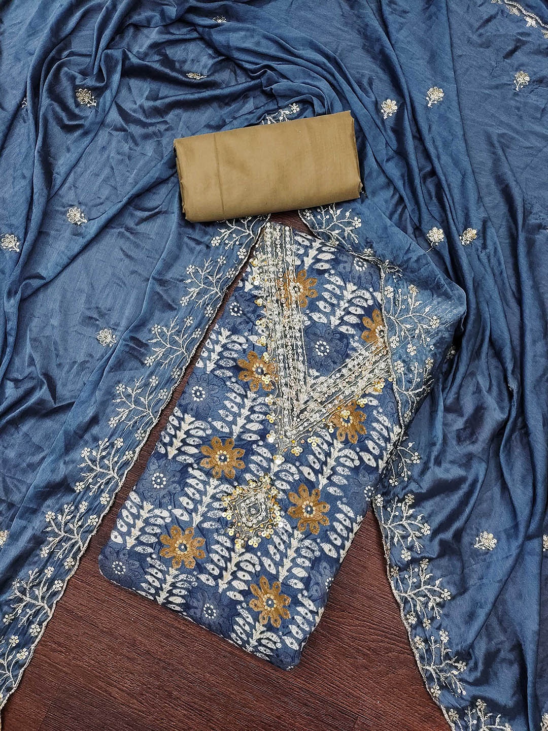 

SHADOW & SAINING Printed Sequnnied Semi-Stitched Dress Material, Blue