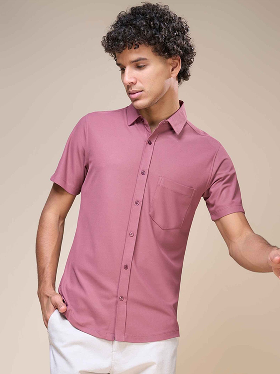 

MAXZONE Classic Spread Collar Casual Shirt, Pink