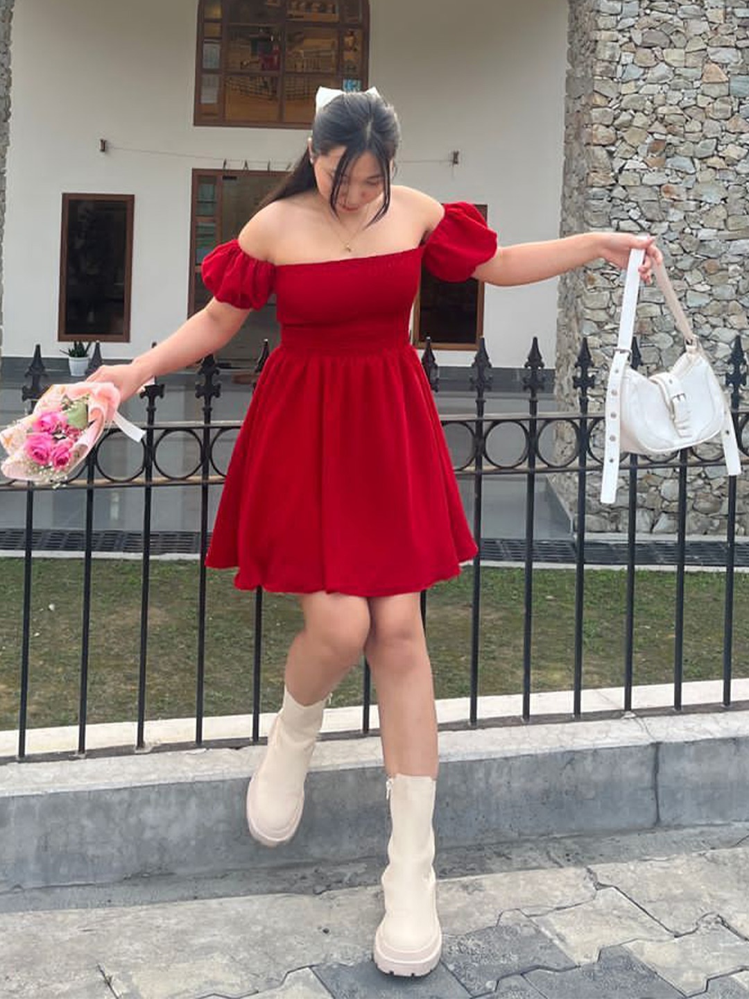 

TAILORMADE CLOTHING Women Puff Sleeve Fit and Flare Dress, Red