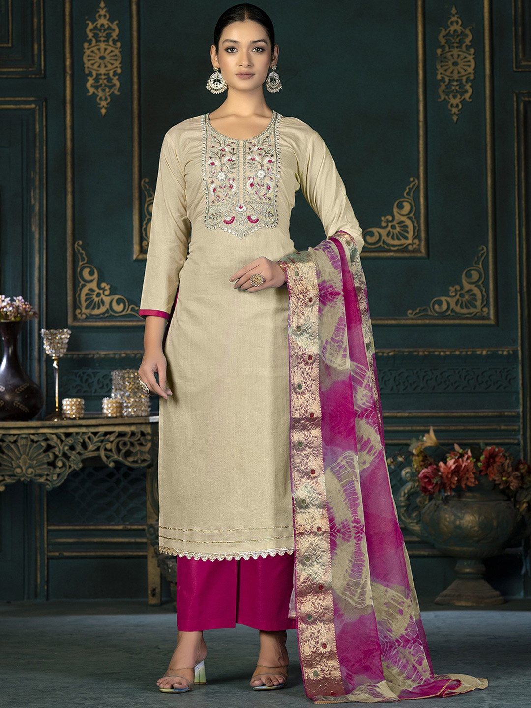 

SHADOW & SAINING Embroidered Zari Pure Cotton Semi-Stitched Dress Material, Beige
