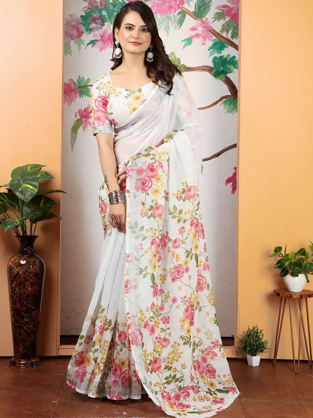 

ORUS Floral Printed Pure Cotton Saree, White