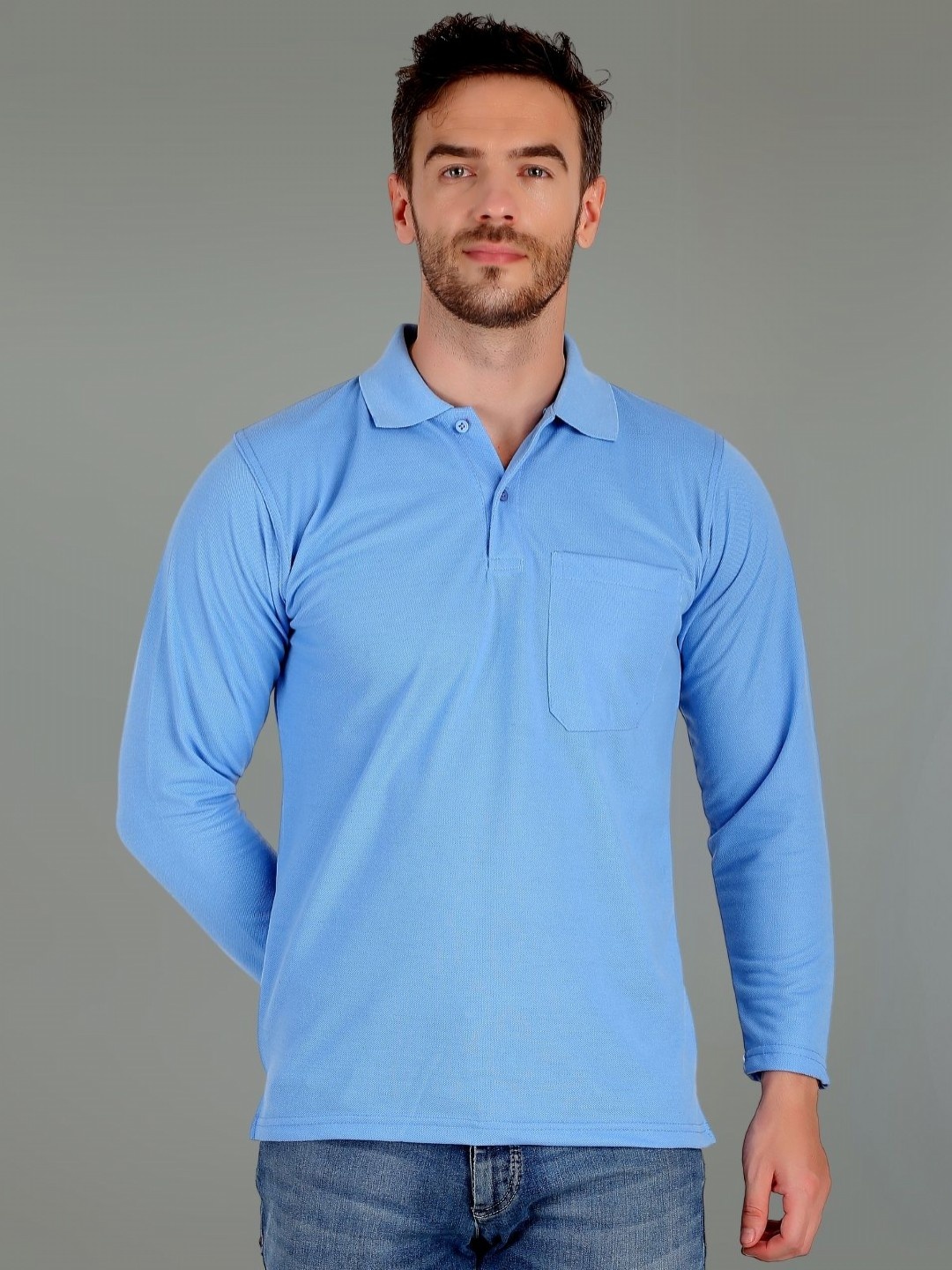 

SMAN Men Polo Collar Pockets T-shirt, Blue