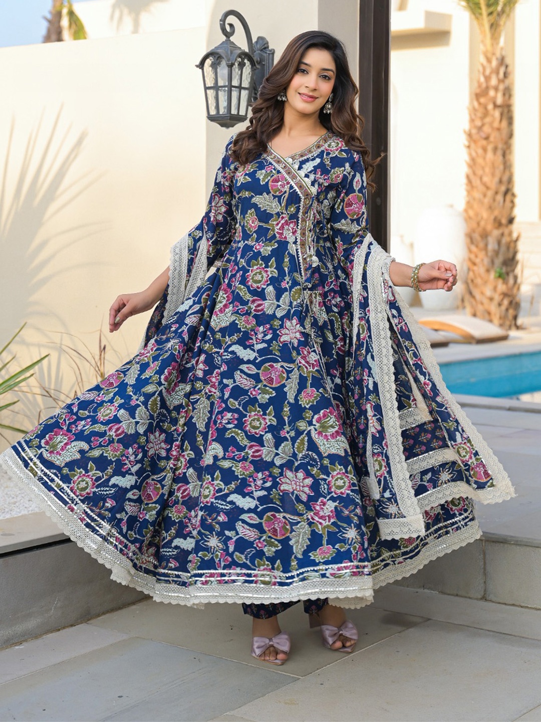 

all about you Floral Printed Angrakha Pure Cotton A-Line Kurta with Trousers & Dupatta, Blue