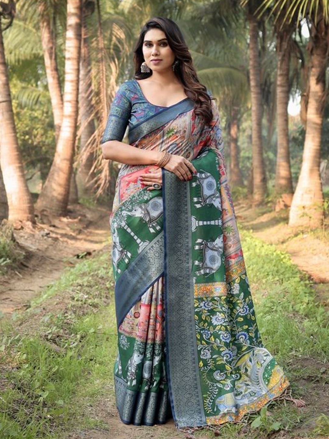 

ALMAARI FASHION Floral Pure Silk Handloom Banarasi Saree, Blue