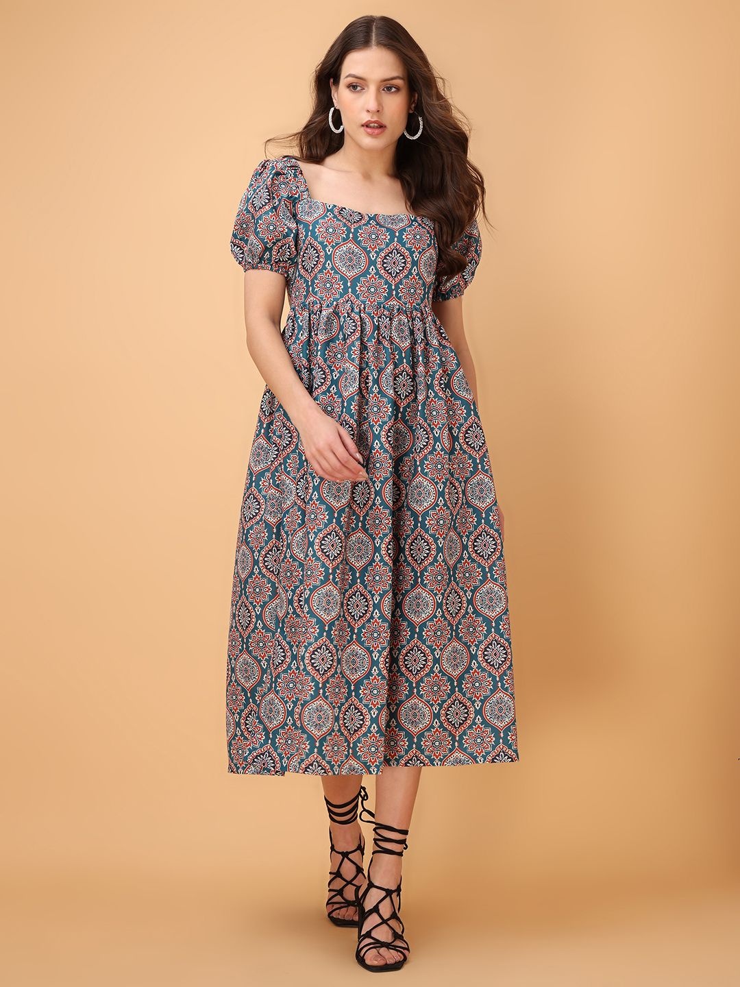 

OBSHIVKA Floral Print Puff Sleeve Fit & Flare Maxi Dress, Teal