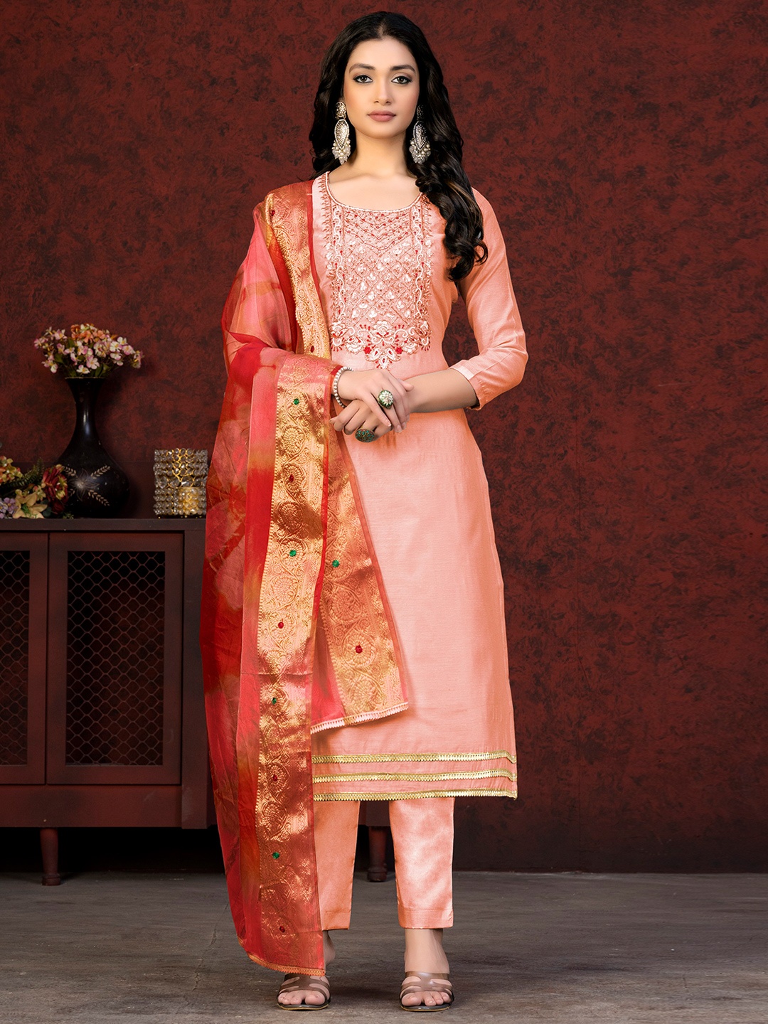 

SHADOW & SAINING Embellished Beads and Stones Modal Chanderi Unstitched Dress Material, Peach
