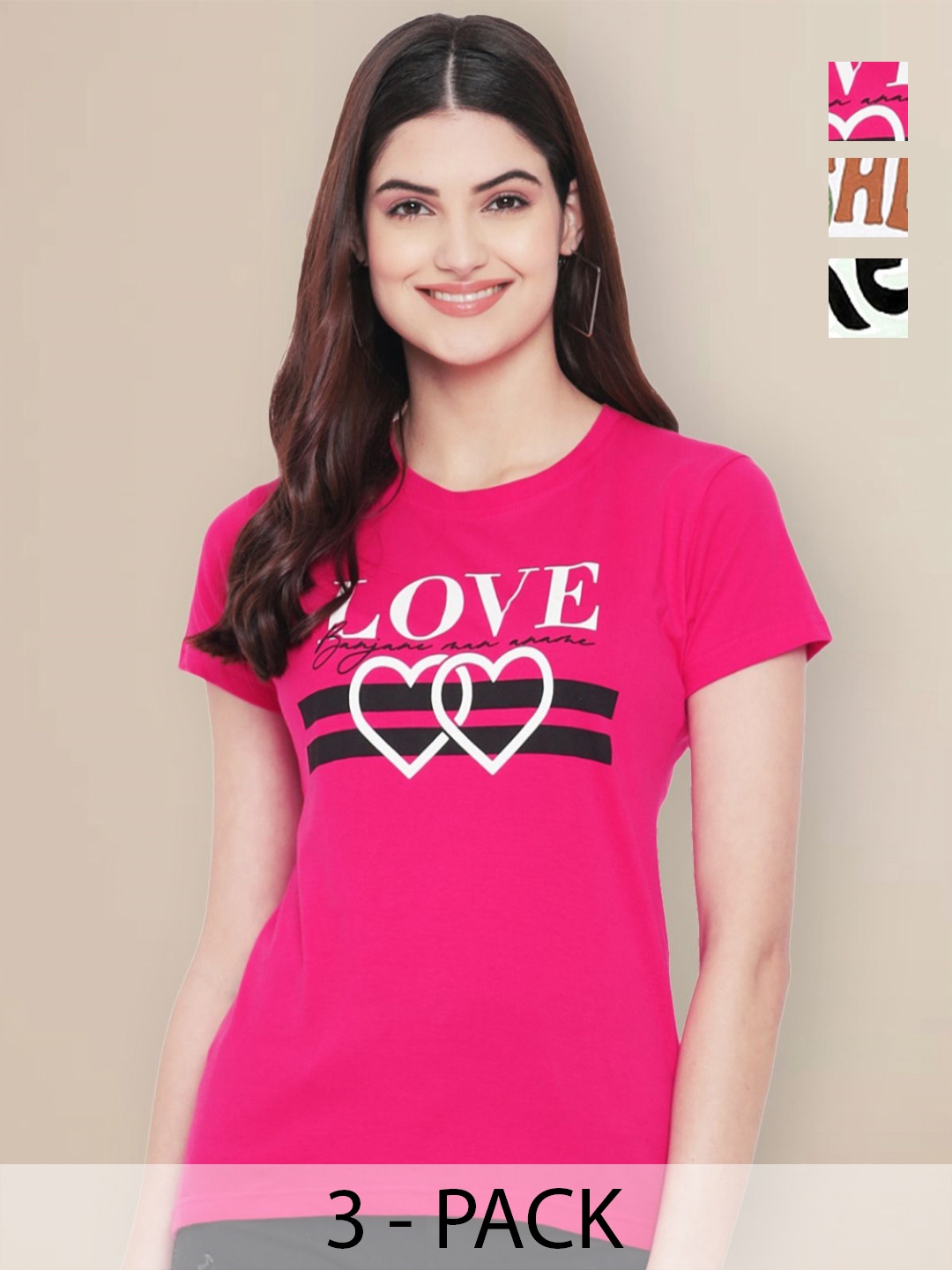 

GLOBAL NOMAD Women Pack of 3 Typography Printed Round Neck Cotton T-shirts, Pink