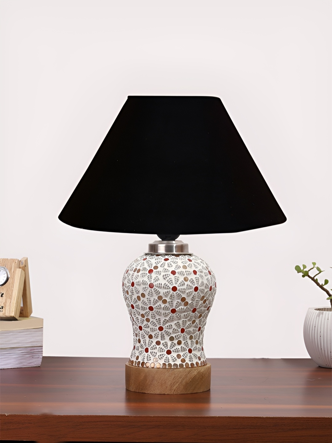 

Devansh Black & White Printed Wooden Frustum Shaped Table Lamp With Mosaic Glass Base