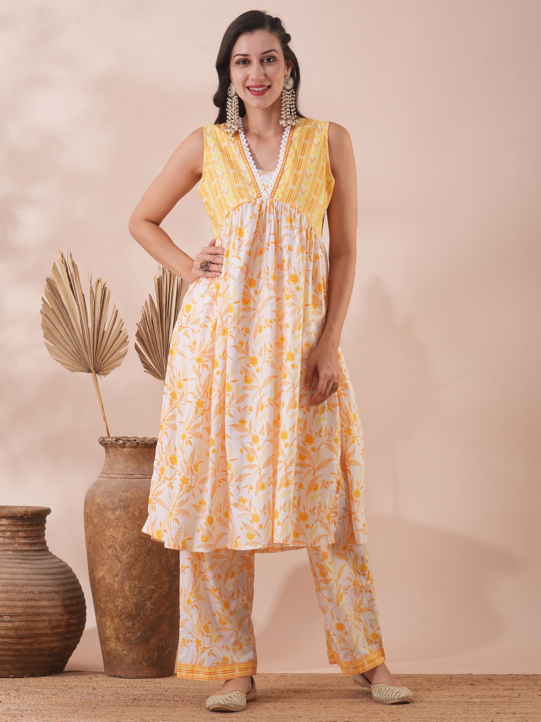 

FASHOR Floral Printed Pure Cotton A-Line Tunic & Trousers, Yellow