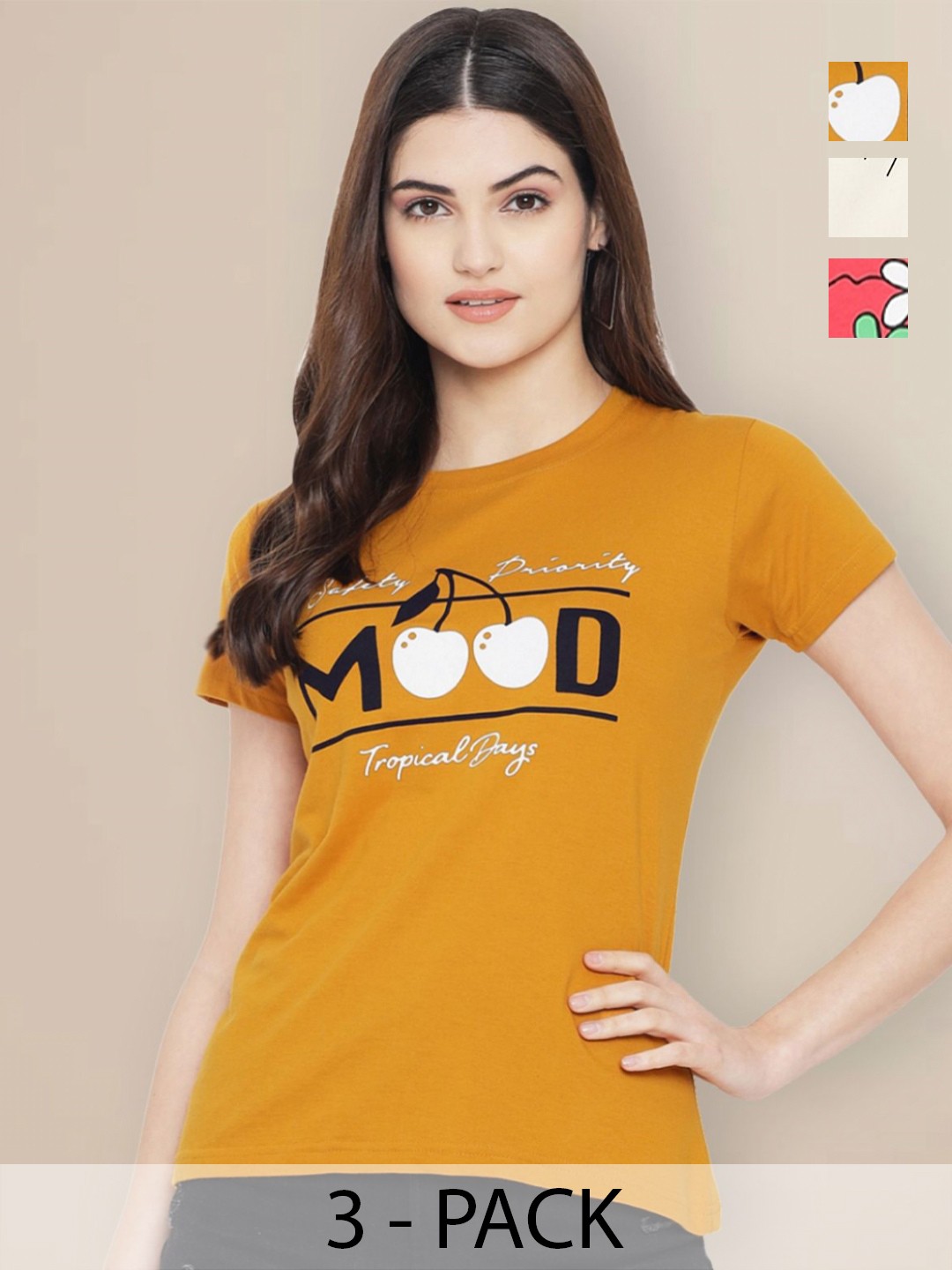 

GLOBAL NOMAD Women Pack of 3 Typography Printed Round Neck Cotton T-shirts, Mustard