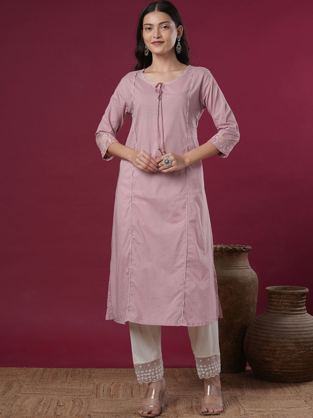 

FASHOR Floral Embroidered Tie-Up Neck Straight Pure Cotton Kurta, Pink