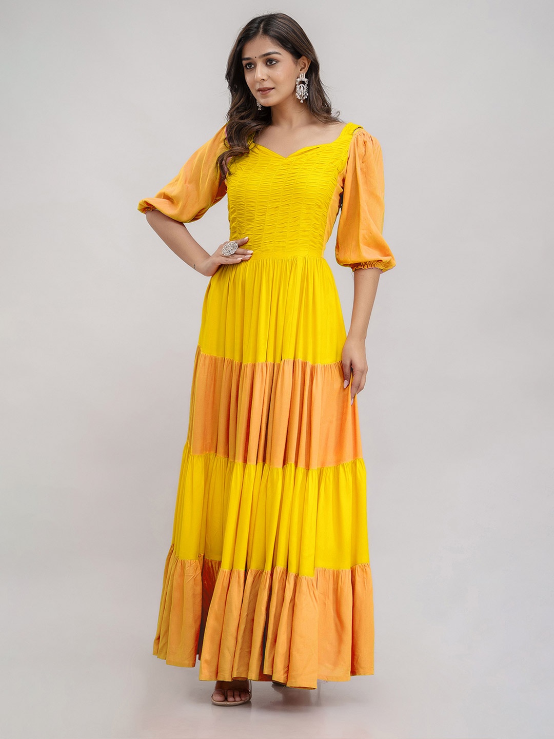 

Jaipurite Sweetheart Neck Puff Sleeves Fit And Flare Ethnic Dress, Yellow