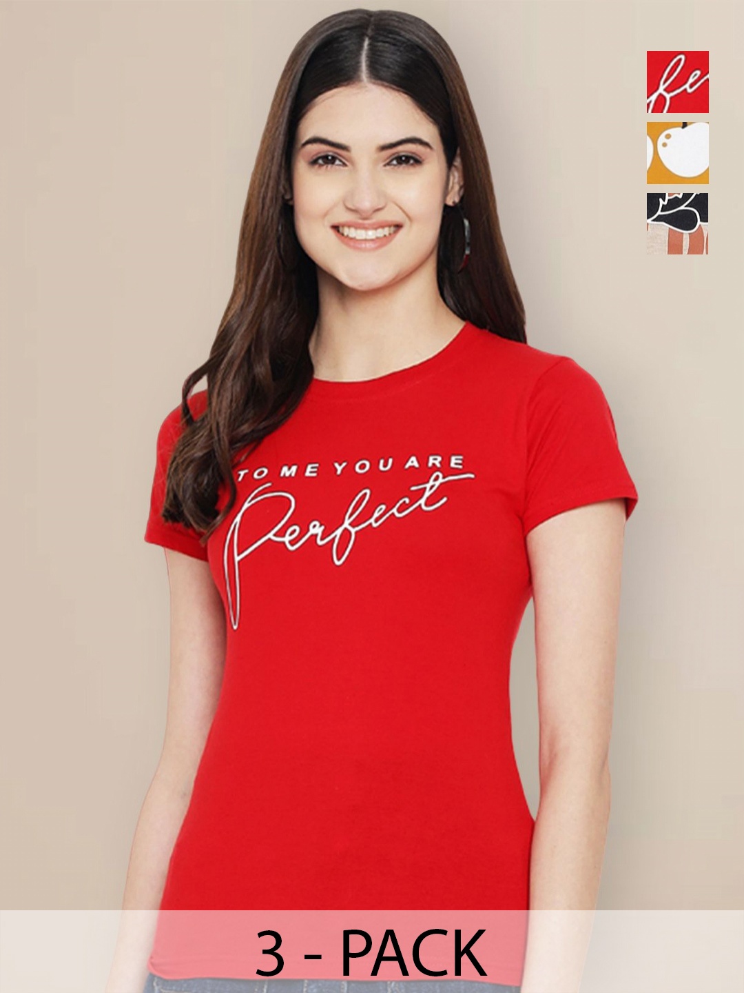 

GLOBAL NOMAD Women Pack of 3 Typography Printed Round Neck Cotton T-shirts, Red